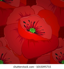 Abstract elegance vector seamless pattern with poppy flowers in gray, green and red colors.