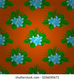Abstract elegance vector seamless pattern with plumeria flowers in green, blue and orange colors.
