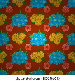 Abstract elegance vector seamless pattern with primula flowers in yellow, orange and blue colors.