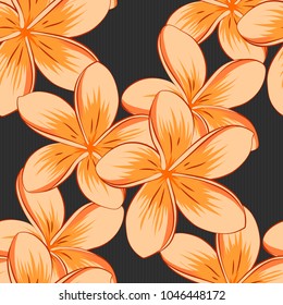 Abstract elegance vector seamless pattern with plumeria flowers in gray, beige and orange colors.