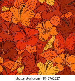 Abstract elegance vector seamless pattern with hibiscus flowers in orange, brown and black colors.
