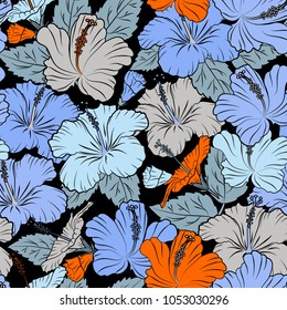 Abstract elegance vector seamless pattern with hibiscus flowers in gray, blue and black colors.