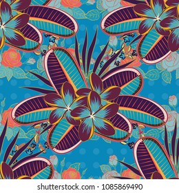 Abstract elegance vector seamless pattern with plumeria flowers in blue, violet and purple colors.