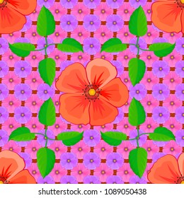Abstract elegance vector seamless pattern with cosmos flowers in violet, pink and orange colors.