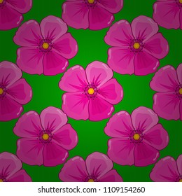 Abstract elegance vector seamless pattern with cosmos flowers in green, pink and magenta colors.