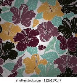 Abstract elegance vector seamless pattern with hibiscus flowers in white, gray and purple colors.