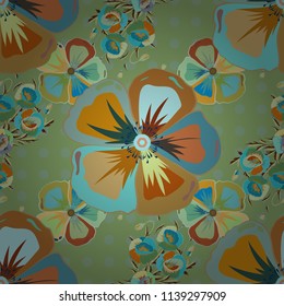 Abstract elegance vector seamless pattern with flowers in blue, yellow and orange colors.