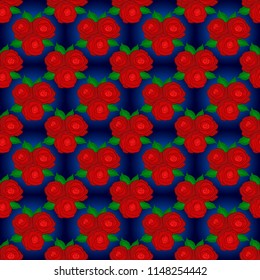 Abstract elegance vector seamless pattern with rose flowers and green leaves in green, red and blue colors.