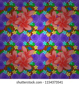 Abstract elegance vector seamless pattern with plumeria flowers in pink, violet and orange colors.