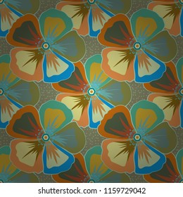 Abstract elegance vector seamless pattern with cosmos flowers in blue, green and orange colors.
