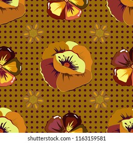 Abstract elegance vector seamless pattern with poppy flowers in brown, purple and orange colors.