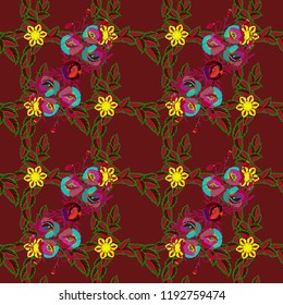 Abstract elegance vector seamless pattern with poppy flowers in brown, red and green colors.