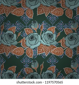 Abstract elegance vector seamless pattern with rose flowers and green leaves in brown, beige and blue colors.