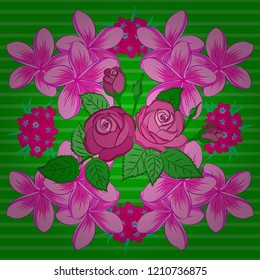 Abstract elegance vector seamless pattern with plumeria flowers in pink, magenta and green colors.
