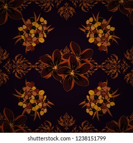 Abstract elegance vector seamless pattern with primula flowers in brown, orange and black colors.