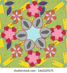 Abstract elegance vector seamless pattern with flowers in pink, green and yellow colors.