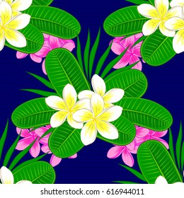 Abstract elegance vector seamless pattern with plumeria flowers on a blue background.