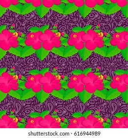 Abstract elegance vector seamless pattern with hibiscus flowers on a purple background.
