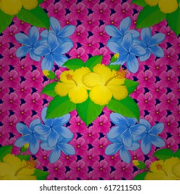 Abstract elegance vector seamless pattern with flowers on a blue background.