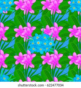 Abstract elegance vector seamless pattern with plumeria flowers on a blue background.