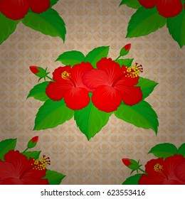 Abstract elegance vector seamless pattern with hibiscus flowers on a beige background.