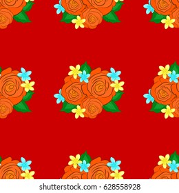 Abstract elegance vector seamless pattern with rose flowers and green leaves on a red background.