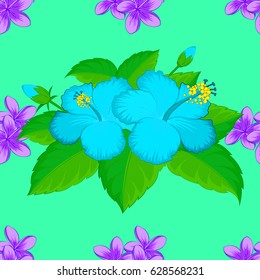 Abstract elegance vector seamless pattern with hibiscus flowers on a green background.