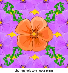 Abstract elegance vector seamless pattern with cosmos flowers on a yellow background.