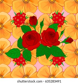 Abstract elegance vector seamless pattern with rose flowers and green leaves on a pink background.