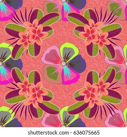 Abstract elegance vector seamless pattern with flowers in green and pink colors.