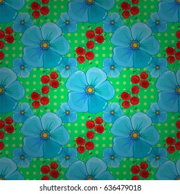 Abstract elegance vector seamless pattern with cosmos flowers on a green background.