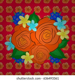 Abstract elegance vector seamless pattern with rose flowers and green leaves on a red background.