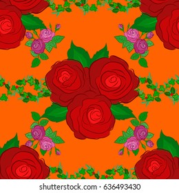 Abstract elegance vector seamless pattern with rose flowers and green leaves on a orange background.