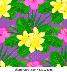 Abstract elegance vector seamless pattern with plumeria flowers on a violet background.