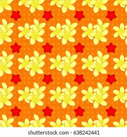 Abstract elegance vector seamless pattern with plumeria flowers on a orange background.