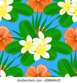 Abstract elegance vector seamless pattern with plumeria flowers on a blue background.