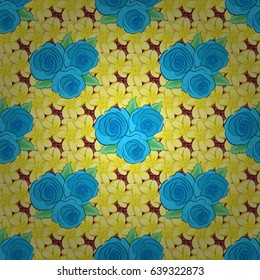 Abstract elegance vector seamless pattern with rose flowers and green leaves on a red background.