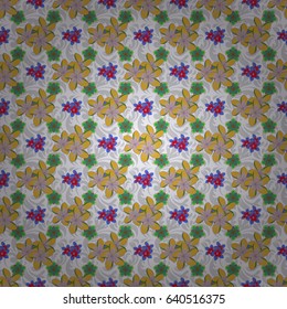 Abstract elegance vector seamless pattern with flowers in violet, blue and green colors.