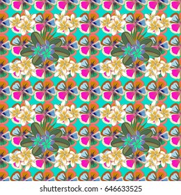 Abstract elegance vector seamless pattern with flowers in blue and green colors.