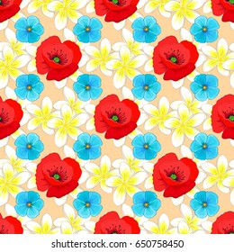 Abstract elegance vector seamless pattern with poppy flowers on a beige background.
