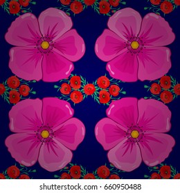 Abstract elegance vector seamless pattern with cosmos flowers on a blue background.