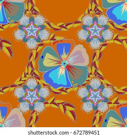 Abstract elegance vector seamless pattern with flowers in beige and blue colors.