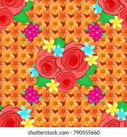 Abstract elegance vector seamless pattern with rose flowers and green leaves in yellow, pink and orange colors.