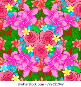Abstract elegance vector seamless pattern with rose flowers and green leaves in magenta, pink and green colors.