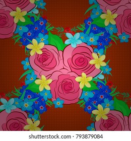 Abstract elegance vector seamless pattern with rose flowers and green leaves in pink, blue and orange colors.