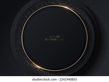 Resumen elegante capa de círculos negros 3D con anillo dorado y efecto de iluminación en el estilo lujoso del fondo oscuro. Ilustración del vector