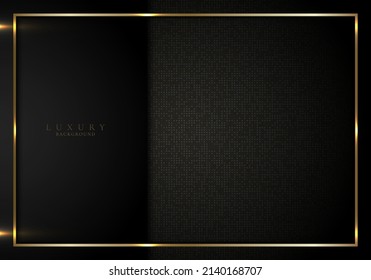 Abstract elegant 3D black stripes and golden frame on squares pattern background with lighting effect. Luxury style. Vector graphic illustration