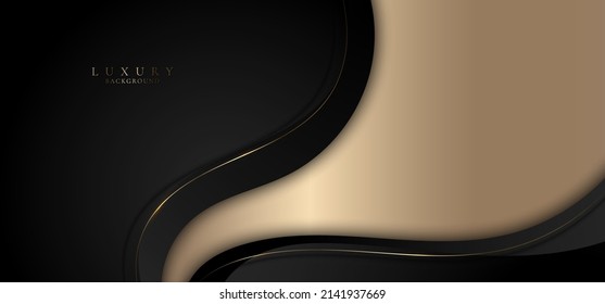 Abstract elegant 3D black wave shapes and golden curved line elements with lighting effect on gold background. Luxury style. Vector graphic illustration