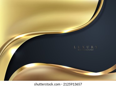 Abstract elegant 3D golden wave shapes and curved line elements with lighting effect on dark blue background. Luxury style. Vector graphic illustration