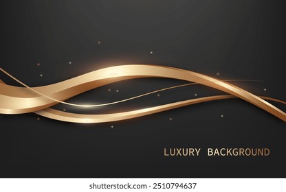 Abstract elegant 3d  golden wave lines shape on a black background luxury style with light and glitter effect